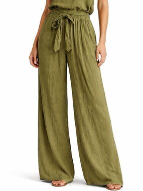 Savannah Monrow Linen Wide Leg Pants Size M Olive Tie Waist Flowy Resort